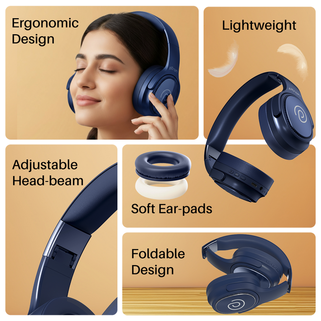 pTron Studio Pro w/ 65Hrs Playtime, Wireless Over Ear Headphones w/HD Mic & TruTalk AI-ENC Calls, Low-Latency Game & Music, 40mm Drivers, BT5.4, Dual Device Pairing & Type-C Fast Charging (Blue)