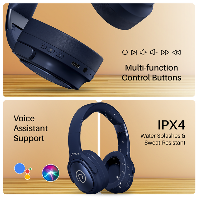 pTron Studio Pro w/ 65Hrs Playtime, Wireless Over Ear Headphones w/HD Mic & TruTalk AI-ENC Calls, Low-Latency Game & Music, 40mm Drivers, BT5.4, Dual Device Pairing & Type-C Fast Charging (Blue)