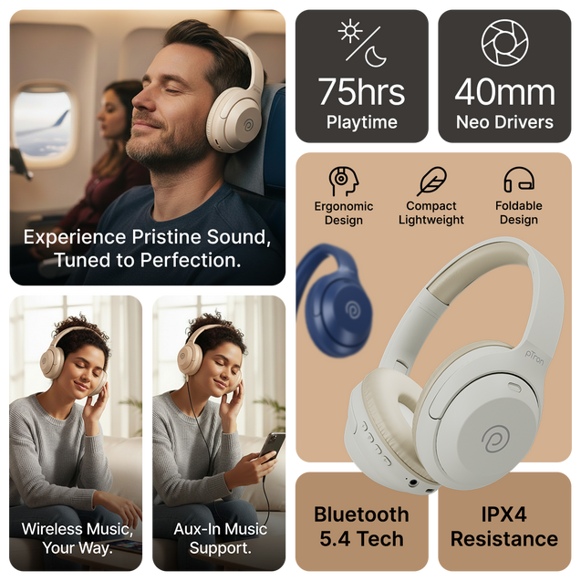 pTron Studio Classic w/ 75Hrs Playtime, Wireless Over Ear Headphones w/HD Mic & TruTalk AI-ENC Calls, Low-Latency Game & Music, Deep Bass, BT5.4, Dual Device Pairing, & Type-C Fast Charging (Beige)