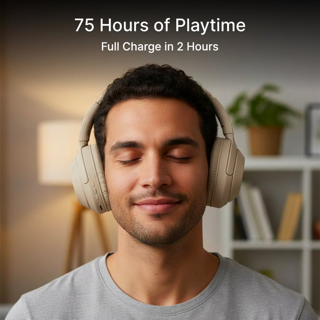 pTron Studio Classic w/ 75Hrs Playtime, Wireless Over Ear Headphones w/HD Mic & TruTalk AI-ENC Calls, Low-Latency Game & Music, Deep Bass, BT5.4, Dual Device Pairing, & Type-C Fast Charging (Beige)