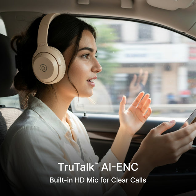 pTron Studio Classic w/ 75Hrs Playtime, Wireless Over Ear Headphones w/HD Mic & TruTalk AI-ENC Calls, Low-Latency Game & Music, Deep Bass, BT5.4, Dual Device Pairing, & Type-C Fast Charging (Beige)