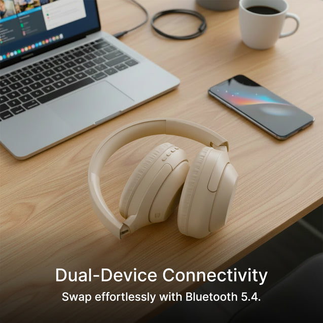 pTron Studio Classic w/ 75Hrs Playtime, Wireless Over Ear Headphones w/HD Mic & TruTalk AI-ENC Calls, Low-Latency Game & Music, Deep Bass, BT5.4, Dual Device Pairing, & Type-C Fast Charging (Beige)