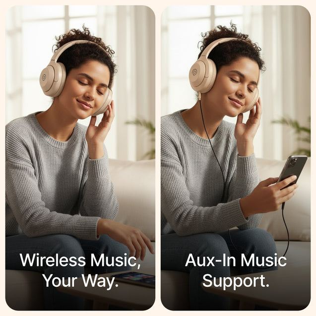 pTron Studio Classic w/ 75Hrs Playtime, Wireless Over Ear Headphones w/HD Mic & TruTalk AI-ENC Calls, Low-Latency Game & Music, Deep Bass, BT5.4, Dual Device Pairing, & Type-C Fast Charging (Beige)