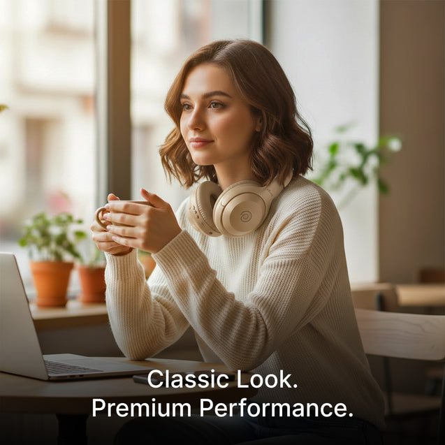 pTron Studio Classic w/ 75Hrs Playtime, Wireless Over Ear Headphones w/HD Mic & TruTalk AI-ENC Calls, Low-Latency Game & Music, Deep Bass, BT5.4, Dual Device Pairing, & Type-C Fast Charging (Beige)