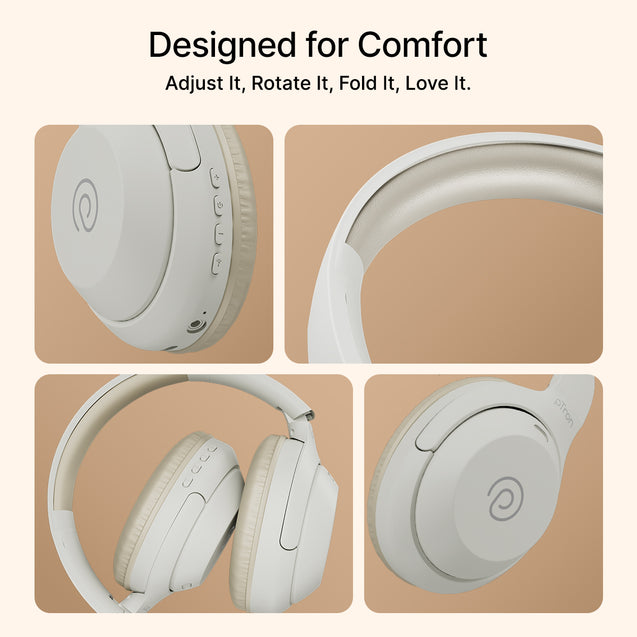 pTron Studio Classic w/ 75Hrs Playtime, Wireless Over Ear Headphones w/HD Mic & TruTalk AI-ENC Calls, Low-Latency Game & Music, Deep Bass, BT5.4, Dual Device Pairing, & Type-C Fast Charging (Beige)