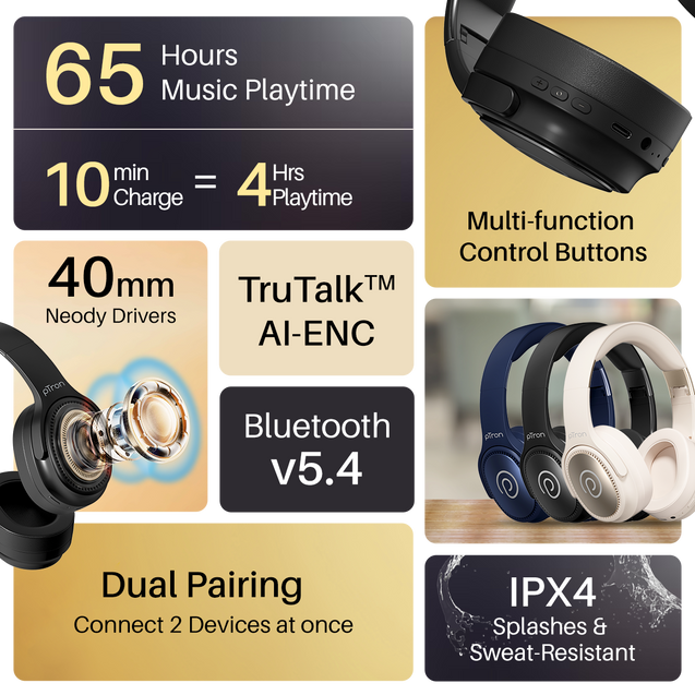pTron Studio Pro w/ 65Hrs Playtime, Wireless Over Ear Headphones w/HD Mic & TruTalk AI-ENC Calls, Low-Latency Game & Music, 40mm Drivers, BT5.4, Dual Device Pairing & Type-C Fast Charging (Jet Black)