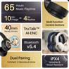 pTron Studio Pro w/ 65Hrs Playtime, Wireless Over Ear Headphones w/HD Mic & TruTalk AI-ENC Calls, Low-Latency Game & Music, 40mm Drivers, BT5.4, Dual Device Pairing & Type-C Fast Charging (Jet Black)