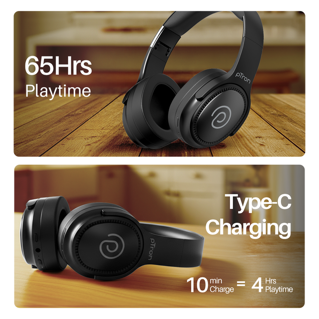 pTron Studio Pro w/ 65Hrs Playtime, Wireless Over Ear Headphones w/HD Mic & TruTalk AI-ENC Calls, Low-Latency Game & Music, 40mm Drivers, BT5.4, Dual Device Pairing & Type-C Fast Charging (Jet Black)