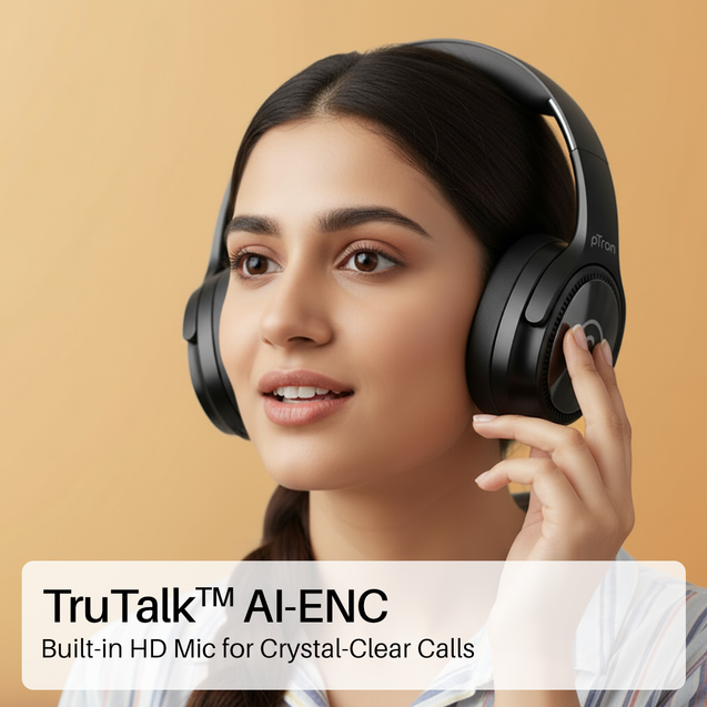 pTron Studio Pro w/ 65Hrs Playtime, Wireless Over Ear Headphones w/HD Mic & TruTalk AI-ENC Calls, Low-Latency Game & Music, 40mm Drivers, BT5.4, Dual Device Pairing & Type-C Fast Charging (Jet Black)