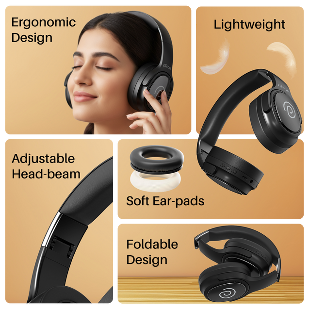 pTron Studio Pro w/ 65Hrs Playtime, Wireless Over Ear Headphones w/HD Mic & TruTalk AI-ENC Calls, Low-Latency Game & Music, 40mm Drivers, BT5.4, Dual Device Pairing & Type-C Fast Charging (Jet Black)