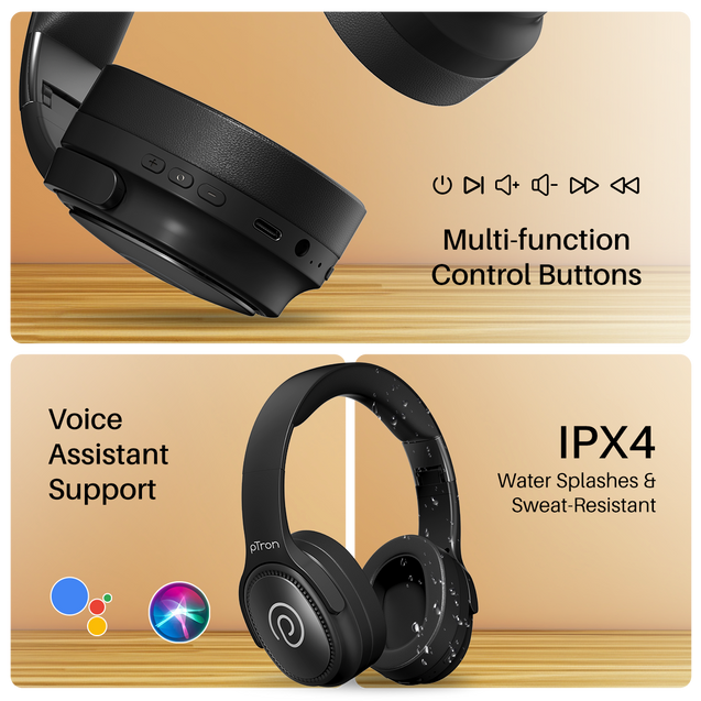 pTron Studio Pro w/ 65Hrs Playtime, Wireless Over Ear Headphones w/HD Mic & TruTalk AI-ENC Calls, Low-Latency Game & Music, 40mm Drivers, BT5.4, Dual Device Pairing & Type-C Fast Charging (Jet Black)