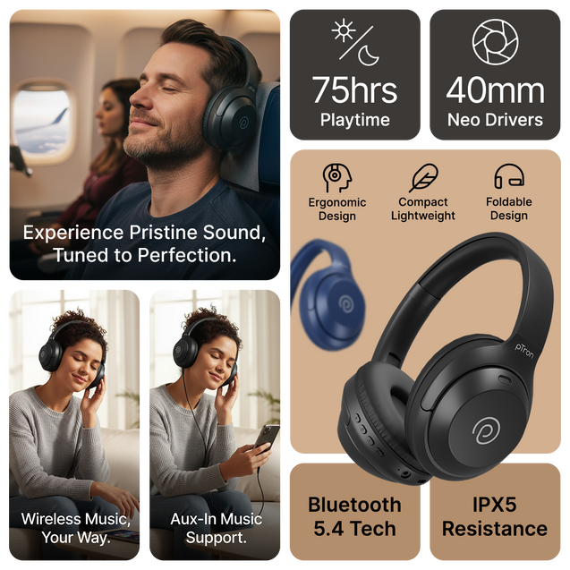 pTron Studio Classic w/ 75Hrs Playtime, Wireless Over Ear Headphones w/HD Mic & TruTalk AI-ENC Calls, Low-Latency Game & Music, Deep Bass, BT5.4, Dual Device Pairing, & Type-C Charging (Black)