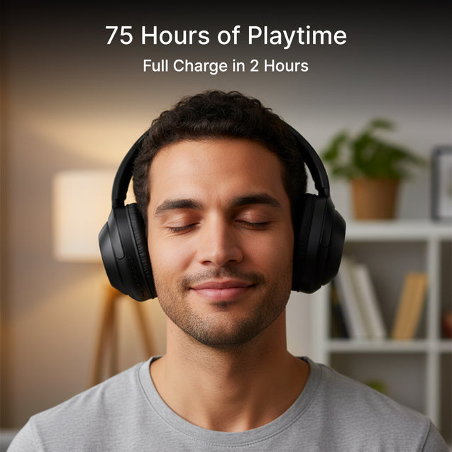 pTron Studio Classic w/ 75Hrs Playtime, Wireless Over Ear Headphones w/HD Mic & TruTalk AI-ENC Calls, Low-Latency Game & Music, Deep Bass, BT5.4, Dual Device Pairing, & Type-C Charging (Black)