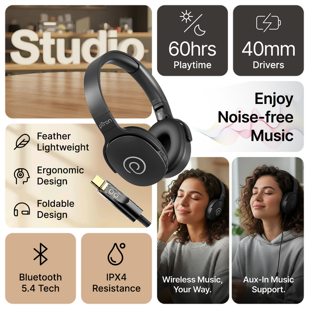 pTron Studio w/ 60Hrs Playtime, Wireless Over-Ear Headphones with HD Mic, Immersive Sound, 40mm Drivers, BT5.4, Dual-Device Pairing, 3.5mm Aux Port, TF Card Slot & Type-C Fast Charging (Jet Black)