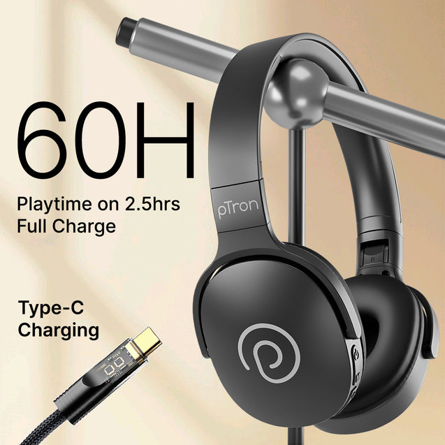 pTron Studio w/ 60Hrs Playtime, Wireless Over-Ear Headphones with HD Mic, Immersive Sound, 40mm Drivers, BT5.4, Dual-Device Pairing, 3.5mm Aux Port, TF Card Slot & Type-C Fast Charging (Jet Black)