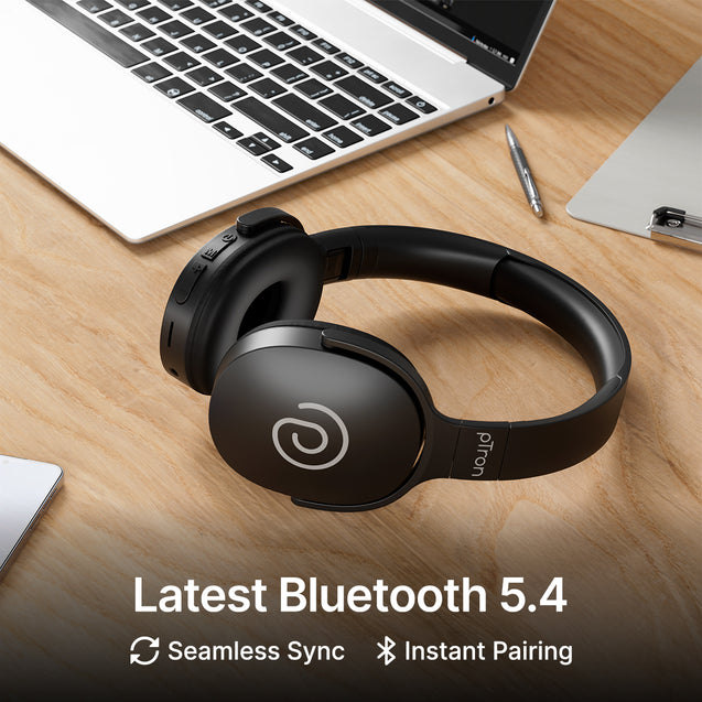 pTron Studio w/ 60Hrs Playtime, Wireless Over-Ear Headphones with HD Mic, Immersive Sound, 40mm Drivers, BT5.4, Dual-Device Pairing, 3.5mm Aux Port, TF Card Slot & Type-C Fast Charging (Jet Black)