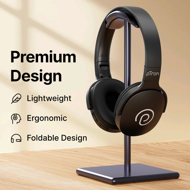 pTron Studio w/ 60Hrs Playtime, Wireless Over-Ear Headphones with HD Mic, Immersive Sound, 40mm Drivers, BT5.4, Dual-Device Pairing, 3.5mm Aux Port, TF Card Slot & Type-C Fast Charging (Jet Black)