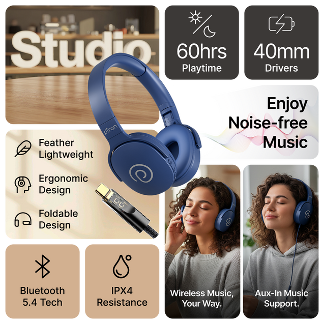 pTron Studio w/ 60Hrs Playtime, Wireless Over-Ear Headphones with HD Mic, Immersive Sound, 40mm Drivers, Bluetooth V5.4, Dual-Device Pairing, 3.5mm Aux Port, TF Card Slot & Type-C Fast Charging (Blue)