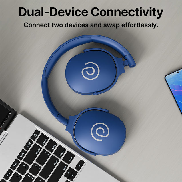 pTron Studio w/ 60Hrs Playtime, Wireless Over-Ear Headphones with HD Mic, Immersive Sound, 40mm Drivers, Bluetooth V5.4, Dual-Device Pairing, 3.5mm Aux Port, TF Card Slot & Type-C Fast Charging (Blue)