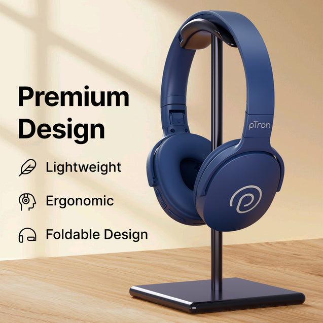 pTron Studio w/ 60Hrs Playtime, Wireless Over-Ear Headphones with HD Mic, Immersive Sound, 40mm Drivers, Bluetooth V5.4, Dual-Device Pairing, 3.5mm Aux Port, TF Card Slot & Type-C Fast Charging (Blue)