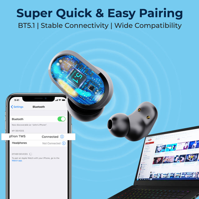 pTron Basspods P11 in-Ear TWS Earbuds w/Dual HD Mic, Pristine Sound, 24hrs Playtime, Mini Buds, Movie/Music Modes, Bluetooth V5.1 Wireless Headphones, Voice Assist, Type-C Charging & IPX4 (Coal Black)