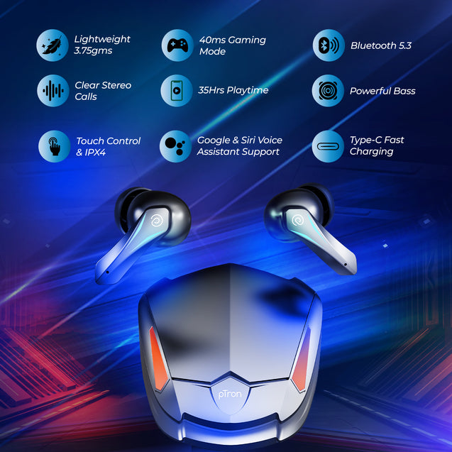 pTron Basspods Flare TWS Earbuds w/ 40ms Low Latency Gaming, AI-ENC Clear Calls, 35Hrs Playtime, HD Mics, in-Ear Bluetooth 5.3 Headphones, Type-C Fast Charging & IPX4 Water Resistant (Jet Black)