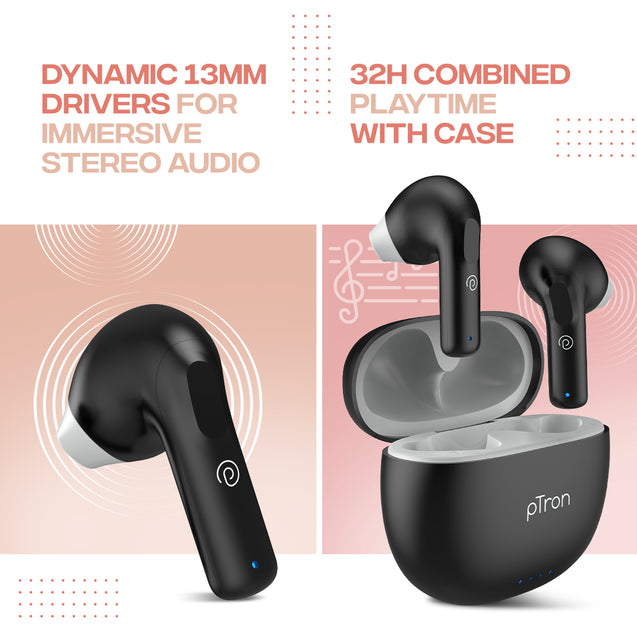 pTron Bassbuds NX In-Ear TWS Earbuds w/ Dual HD Mic & AI-ENC Clear Calls, 32Hrs Playtime, 13mm Drivers, Bluetooth 5.3 Wireless Headphones, Voice Assistant, Type-C Fast Charging & IPX5 (Coal Black)