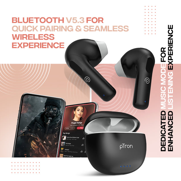 pTron Bassbuds NX In-Ear TWS Earbuds w/ Dual HD Mic & AI-ENC Clear Calls, 32Hrs Playtime, 13mm Drivers, Bluetooth 5.3 Wireless Headphones, Voice Assistant, Type-C Fast Charging & IPX5 (Coal Black)