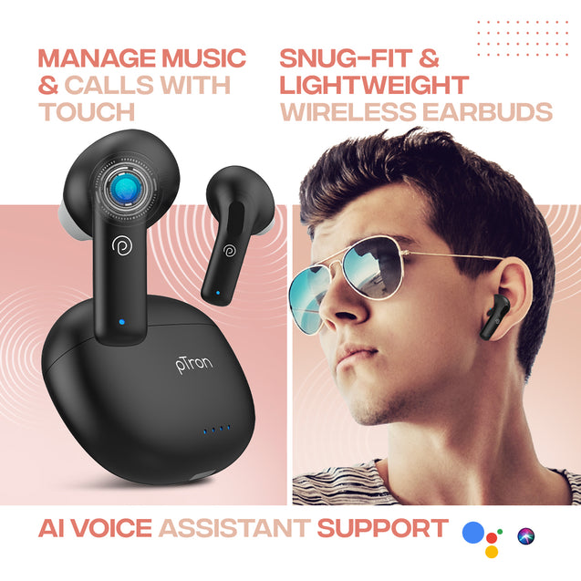 pTron Bassbuds NX In-Ear TWS Earbuds w/ Dual HD Mic & AI-ENC Clear Calls, 32Hrs Playtime, 13mm Drivers, Bluetooth 5.3 Wireless Headphones, Voice Assistant, Type-C Fast Charging & IPX5 (Coal Black)