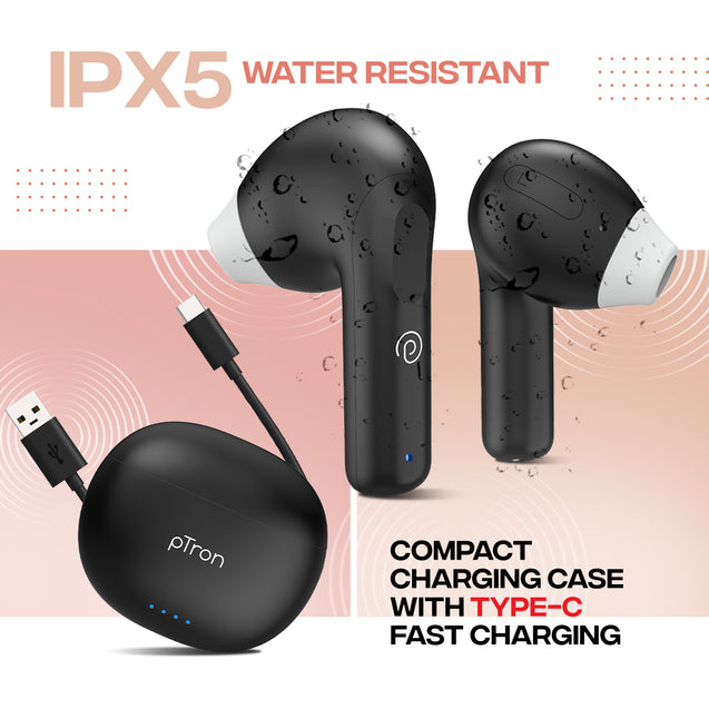 pTron Bassbuds NX In-Ear TWS Earbuds w/ Dual HD Mic & AI-ENC Clear Calls, 32Hrs Playtime, 13mm Drivers, Bluetooth 5.3 Wireless Headphones, Voice Assistant, Type-C Fast Charging & IPX5 (Coal Black)