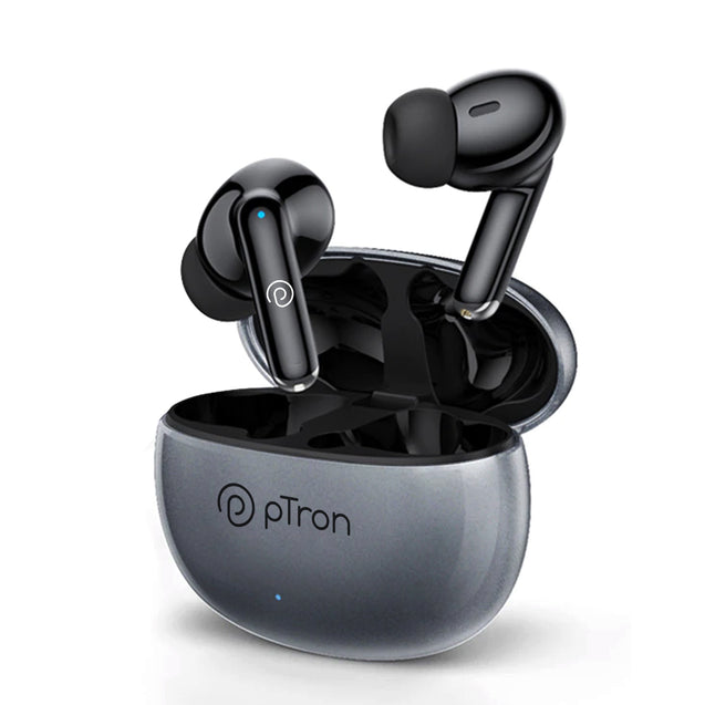 pTron Bassbuds Eon In-Ear TWS Earbuds w/ Dual HD Mic & AI-ENC Calls, Pristine Sound, 30Hrs Playtime, Bluetooth v5.3 Wireless Earphones, Snug-fit, Type-C Fast Charge, Voice Assist, IPX4 (Grey & Black)