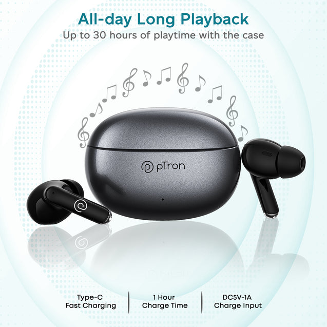 pTron Bassbuds Eon In-Ear TWS Earbuds w/ Dual HD Mic & AI-ENC Calls, Pristine Sound, 30Hrs Playtime, Bluetooth v5.3 Wireless Earphones, Snug-fit, Type-C Fast Charge, Voice Assist, IPX4 (Grey & Black)