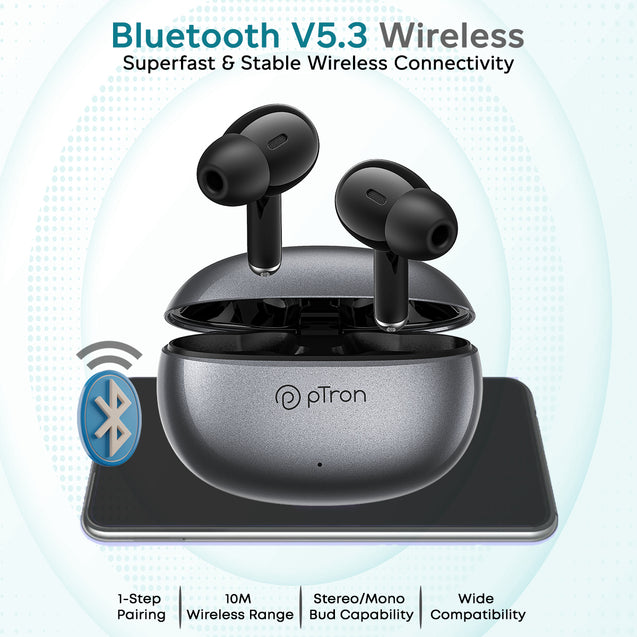pTron Bassbuds Eon In-Ear TWS Earbuds w/ Dual HD Mic & AI-ENC Calls, Pristine Sound, 30Hrs Playtime, Bluetooth v5.3 Wireless Earphones, Snug-fit, Type-C Fast Charge, Voice Assist, IPX4 (Grey & Black)