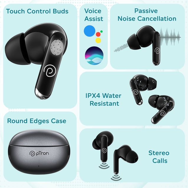 pTron Bassbuds Eon In-Ear TWS Earbuds w/ Dual HD Mic & AI-ENC Calls, Pristine Sound, 30Hrs Playtime, Bluetooth v5.3 Wireless Earphones, Snug-fit, Type-C Fast Charge, Voice Assist, IPX4 (Grey & Black)