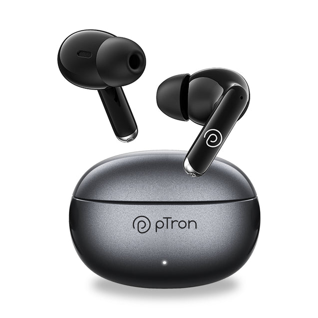 pTron Bassbuds Eon In-Ear TWS Earbuds w/ Dual HD Mic & AI-ENC Calls, Pristine Sound, 30Hrs Playtime, Bluetooth v5.3 Wireless Earphones, Snug-fit, Type-C Fast Charge, Voice Assist, IPX4 (Grey & Black)