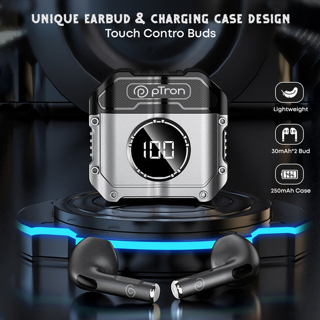 pTron Bassbuds Revv in-Ear TWS Earbuds w/Dual HD Mic & AI-ENC Calls, 50ms Low Latency, 13mm Driver, Pristine Sound, 28Hrs Playtime, Bluetooth 5.3 Wireless Headphones, Type-C Charging & IPX4 (Jet Black)