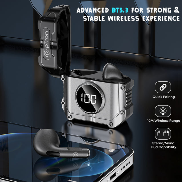 pTron Bassbuds Revv in-Ear TWS Earbuds w/Dual HD Mic & AI-ENC Calls, 50ms Low Latency, 13mm Driver, Pristine Sound, 28Hrs Playtime, Bluetooth 5.3 Wireless Headphones, Type-C Charging & IPX4 (Jet Black)