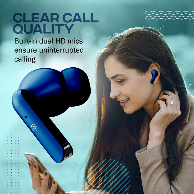pTron Bassbuds Duo In-Ear TWS Earbuds w/ Dual HD Mic, Pristine Sound, 32Hrs Playtime, Bluetooth V5.1 Headphones, 13mm Drivers, Type-C Charging, Voice Assistant & IPX4 Water Resistant (Midnight Blue)