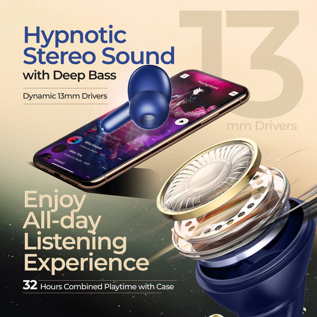 pTron Zenbuds Evo in-Ear TWS Earbuds w/Dual HD Mic & AI-EN Clear Calls, 13mm Drivers, 32Hrs Playtime, 45ms Movie/Music Modes, Bluetooth v5.3 Wireless Headphones, IPX5 & Type-C Charging (Bold Blue)