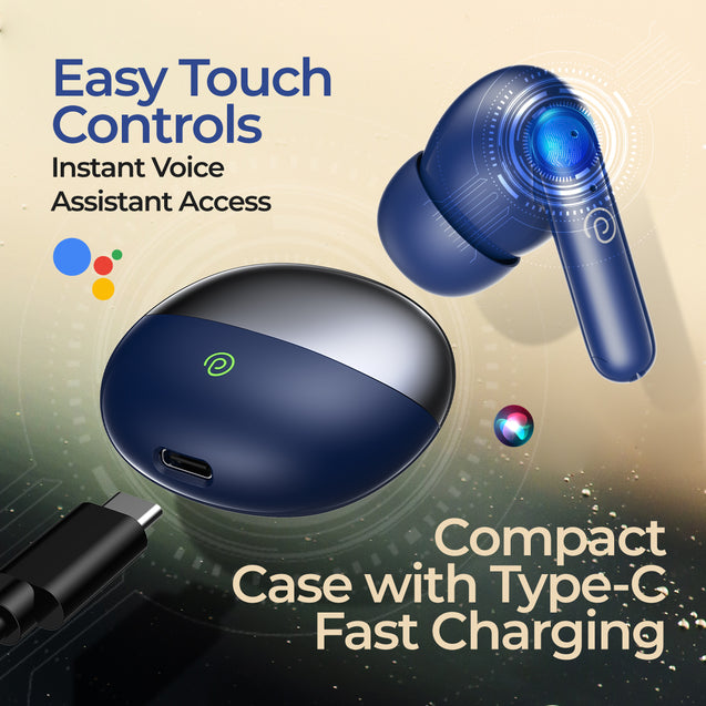 pTron Zenbuds Evo in-Ear TWS Earbuds w/Dual HD Mic & AI-EN Clear Calls, 13mm Drivers, 32Hrs Playtime, 45ms Movie/Music Modes, Bluetooth v5.3 Wireless Headphones, IPX5 & Type-C Charging (Bold Blue)