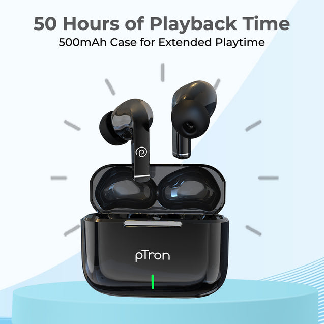 pTron Basspods P251+ TWS Earbuds w/ 50Hrs Playtime, 12mm Drivers, Dual HD Mic & AI-ENC Calls, Movie Mode, Touch Controls, in-Ear Bluetooth 5.1 Wireless Headphones, Type C Charging & IPX4 (Jet Black)