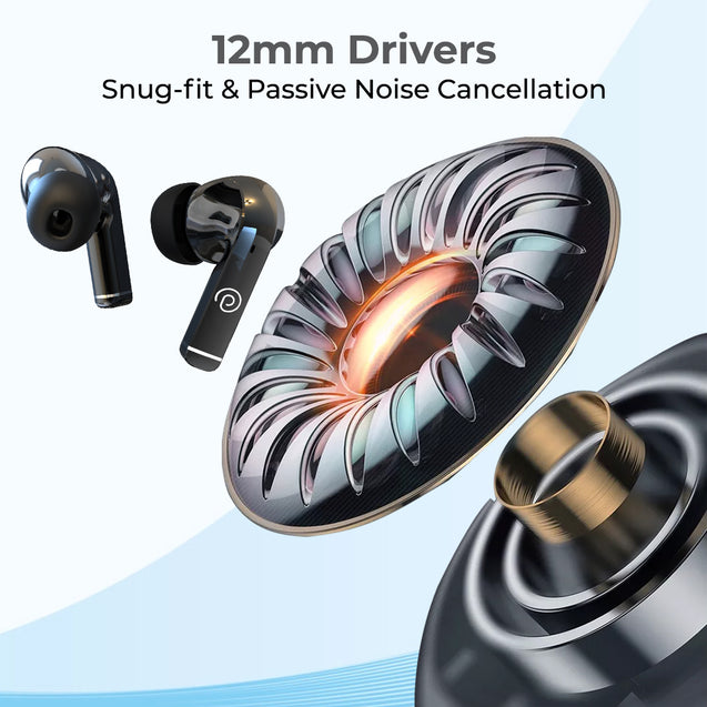 pTron Basspods P251+ TWS Earbuds w/ 50Hrs Playtime, 12mm Drivers, Dual HD Mic & AI-ENC Calls, Movie Mode, Touch Controls, in-Ear Bluetooth 5.1 Wireless Headphones, Type C Charging & IPX4 (Jet Black)
