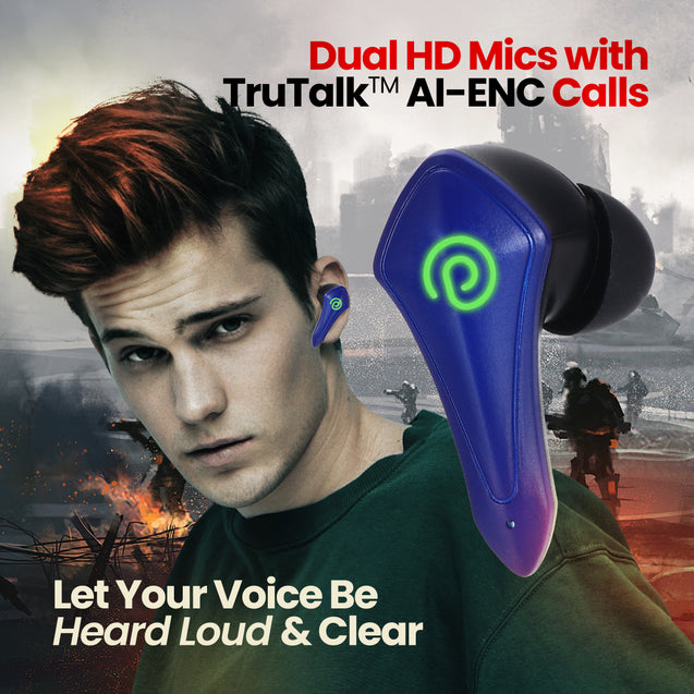 pTron Bassbuds B91 Plus TWS Earbuds w/ 38ms Gaming Low Latency, Dual HD Mic & AI-ENC Calls, 45Hrs Playtime, Pristine Sound, Snug-fit, In-Ear Bluetooth 5.3 Headphones, Type-C Charging & IPX5 (Bold Blue)