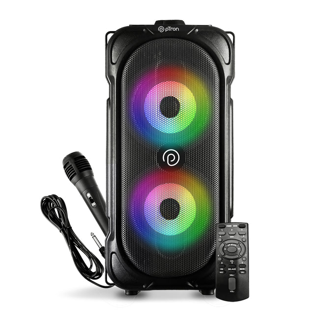pTron Fusion Party V2 40W Bluetooth Speaker w/ 3m Wired Karaoke Mic, Immersive Sound, 6Hrs Playtime, RGB Light, TWS Mode, Party Speaker w/Bluetooth V5.0, Aux Port, USB & SD Card Playback (Coal Black)