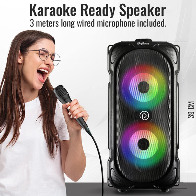 pTron Fusion Party V2 40W Bluetooth Speaker w/ 3m Wired Karaoke Mic, Immersive Sound, 6Hrs Playtime, RGB Light, TWS Mode, Party Speaker w/Bluetooth V5.0, Aux Port, USB & SD Card Playback (Coal Black)