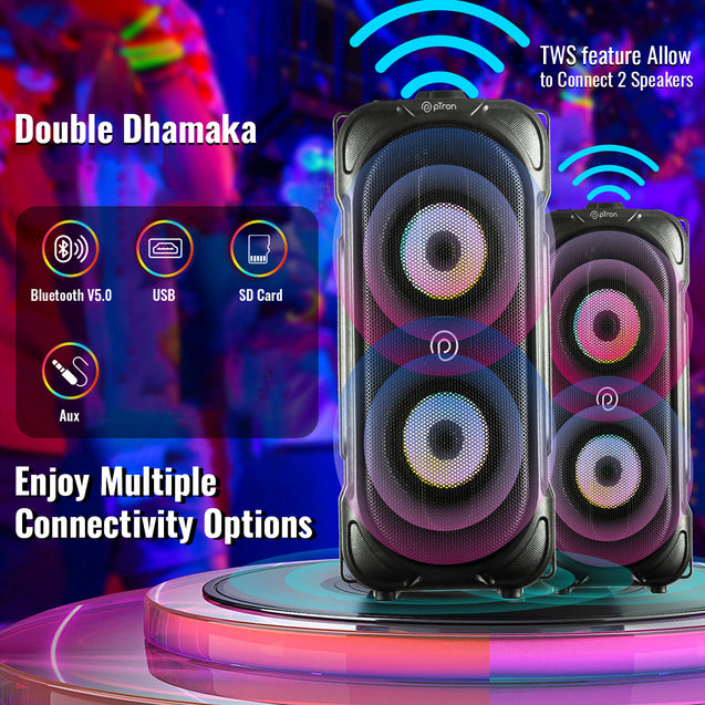 pTron Fusion Party V2 40W Bluetooth Speaker w/ 3m Wired Karaoke Mic, Immersive Sound, 6Hrs Playtime, RGB Light, TWS Mode, Party Speaker w/Bluetooth V5.0, Aux Port, USB & SD Card Playback (Coal Black)