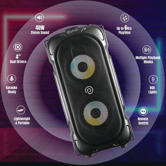pTron Fusion Party V2 40W Bluetooth Speaker w/ 3m Wired Karaoke Mic, Immersive Sound, 6Hrs Playtime, RGB Light, TWS Mode, Party Speaker w/Bluetooth V5.0, Aux Port, USB & SD Card Playback (Coal Black)