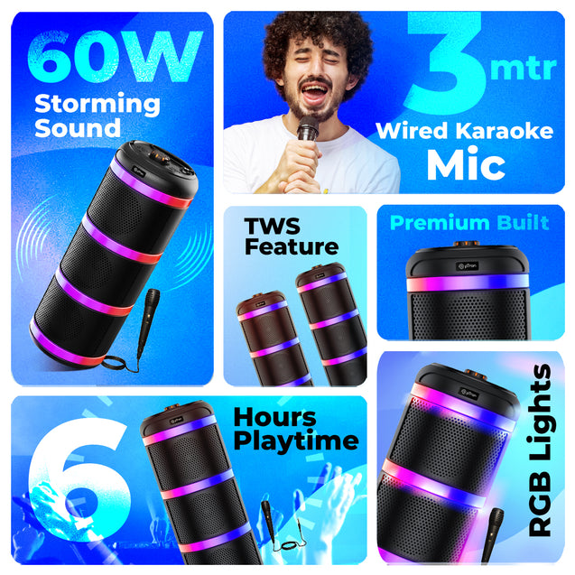 pTron Fusion Theatre 60W Bluetooth Speaker w/ 3m Wired Karaoke Mic, Punchy Sound, 5 EQs, Vivid RGB Lights, Party Speaker w/ BTv5.2/USB/SD Card Playback, TWS Mode & Type-C Charging (Midnight Black)