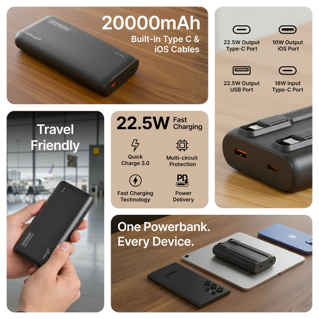 pTron 20000mAh Powerbank w/ 22.5W Fast Charging, USB & Type C Output, Built-in Type C & iOS Cables, Compatible w/Power Delivery, Quick Charge for iPhone, Android Mobile & Tablets, Dynamo Storm (Black)