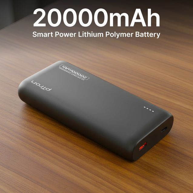 pTron 20000mAh Powerbank w/ 22.5W Fast Charging, USB & Type C Output, Built-in Type C & iOS Cables, Compatible w/Power Delivery, Quick Charge for iPhone, Android Mobile & Tablets, Dynamo Storm (Black)